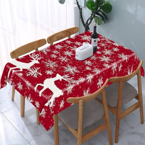 RKSupls Red Reindeer Snowflakes Rectangle Dining Tablecloth, Washable Wipeable Stain & Wrinkle Resistant Polyester Tablecloth for Kitchen Picnic Party