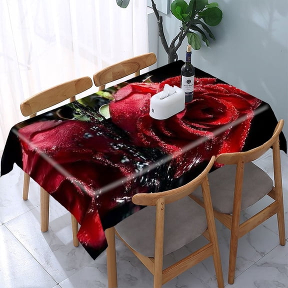 RKSupls Red Rose Water Rectangle Dining Tablecloth, Washable Wipeable Stain & Wrinkle Resistant Polyester Tablecloth for Kitchen Picnic Party