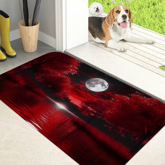 RKSupls Red Tree Full Moon Lake Flannel Floor Mat with Anti-Skid Backing Non-Slip Absorbent Machine Washable Indoor Rug for Bathroom Kitchen Entryway, 40*60cm