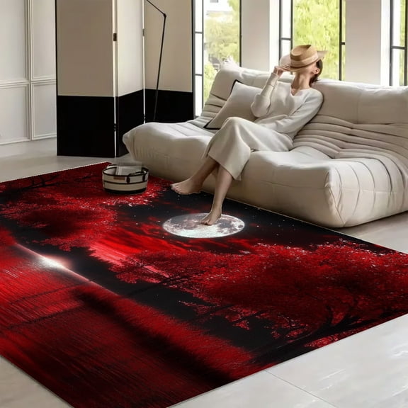 RKSupls Red Trees Moonlight Lake  Soft Fluffy Velvet Area Rug   for Living Room Bedroom, Non-Slip Washable Carpet, Modern Minimalist Home Decor Floor Mat