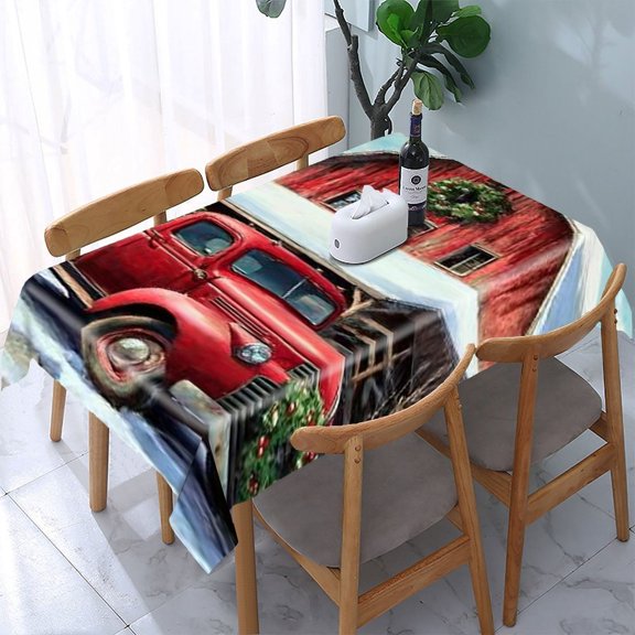 RKSupls Red Truck Barn Christmas Rectangle Dining Tablecloth, Washable Wipeable Stain & Wrinkle Resistant Polyester Tablecloth for Kitchen Picnic Party