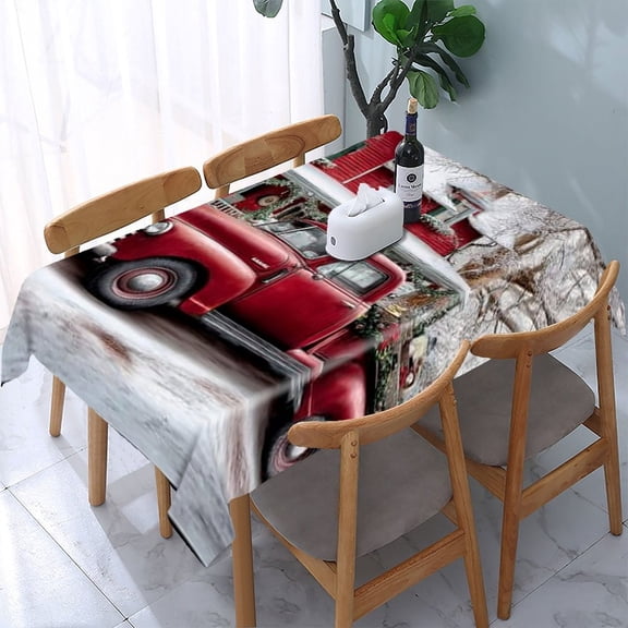 RKSupls Red Truck Christmas House Rectangle Dining Tablecloth, Washable Wipeable Stain & Wrinkle Resistant Polyester Tablecloth for Kitchen Picnic Party
