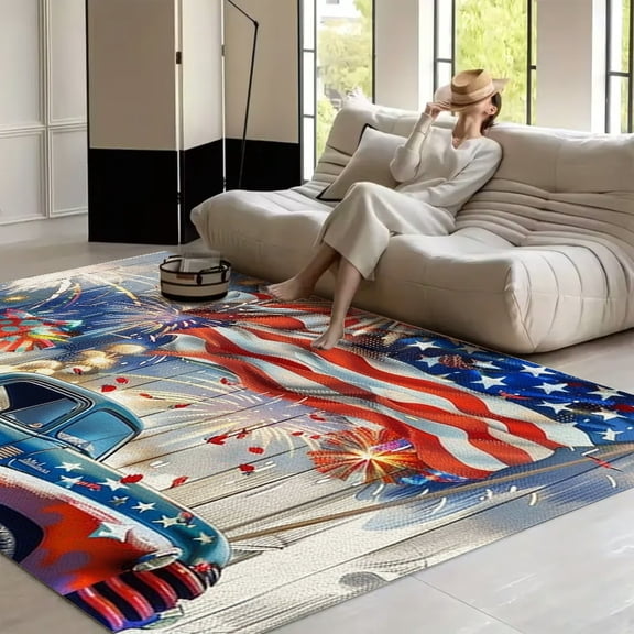 RKSupls Red Truck with Fireworks on Flag Wall  Soft Fluffy Velvet Area Rug   for Living Room Bedroom, Non-Slip Washable Carpet, Modern Minimalist Home Decor Floor Mat