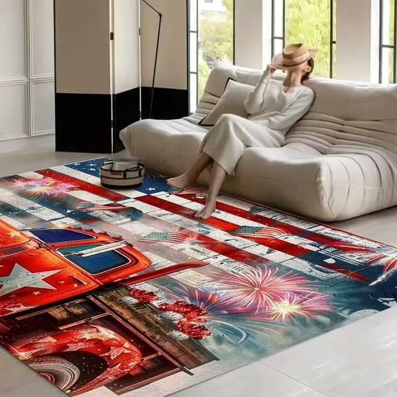 RKSupls Red Truck with Fireworks on Wooden Flag Wall  Soft Fluffy Velvet Area Rug   for Living Room Bedroom, Non-Slip Washable Carpet, Modern Minimalist Home Decor Floor Mat