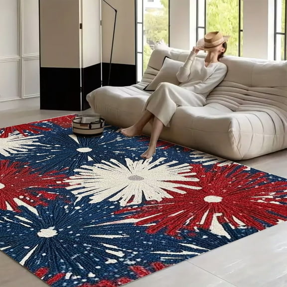 RKSupls Red White Blue Firework Burst Soft Fluffy Velvet Area Rug for Living Room Bedroom, Non-Slip Washable Carpet, Chic Minimalist Home Decor