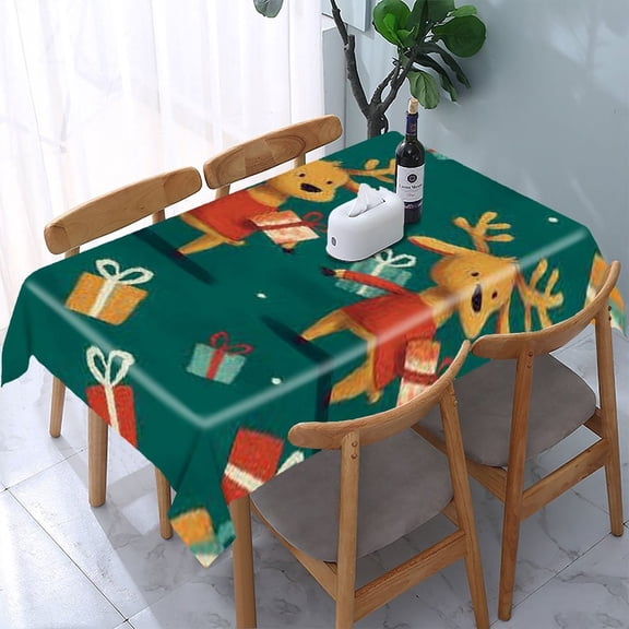 RKSupls Reindeer Gifts Rectangle Dining Tablecloth, Washable Wipeable Stain & Wrinkle Resistant Polyester Tablecloth for Kitchen Picnic Party