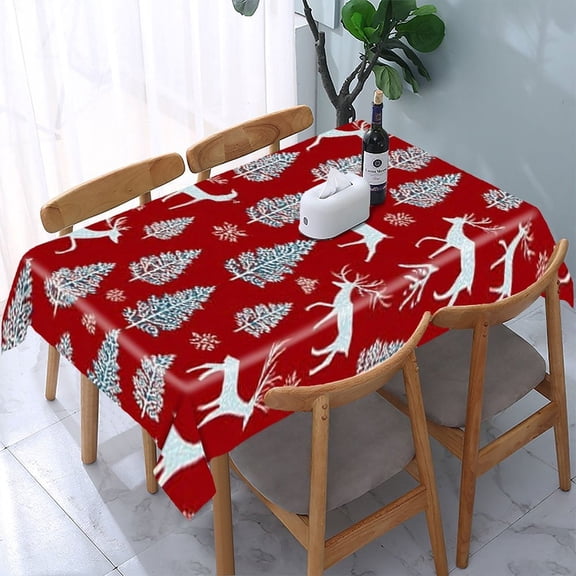 RKSupls Reindeer Tree Red Rectangle Dining Tablecloth, Washable Wipeable Stain & Wrinkle Resistant Polyester Tablecloth for Kitchen Picnic Party