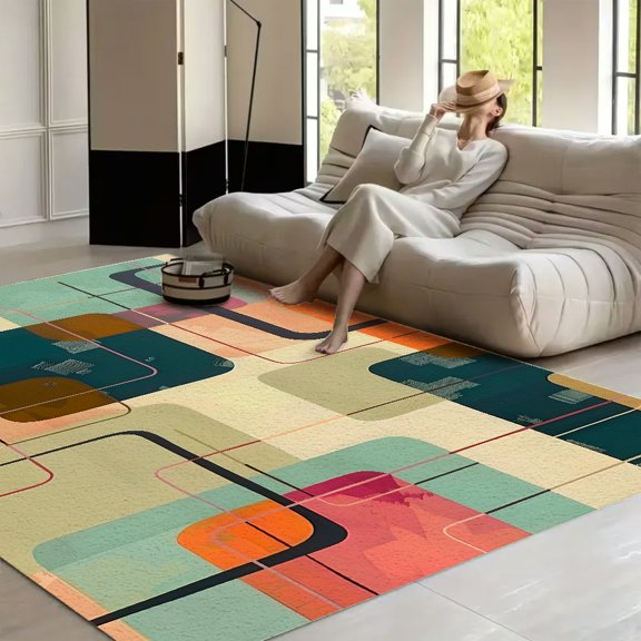 RKSupls Retro Geometric Abstract Painting Soft Fluffy Velvet Area Rug for Living Room Bedroom, Non-Slip Washable Carpet, Chic Minimalist Home Decor