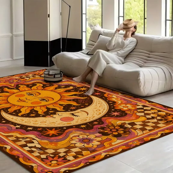 RKSupls Retro Groovy Fun Sun Moon Celestial  Soft Fluffy Velvet Area Rug   for Living Room Bedroom, Non-Slip Washable Carpet, Modern Minimalist Home Decor Floor Mat