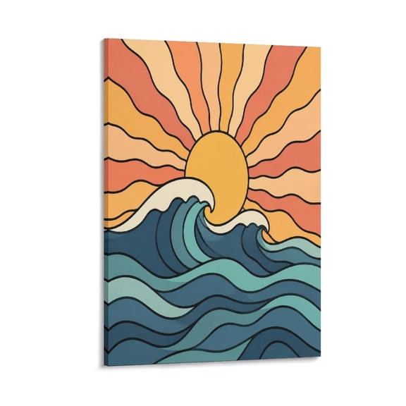 RKSupls Retro Sun Ocean Waves Canvas Wall Art Framed Painting, Modern Home Decor Print for Living Room Bedroom Office Wall Decoration