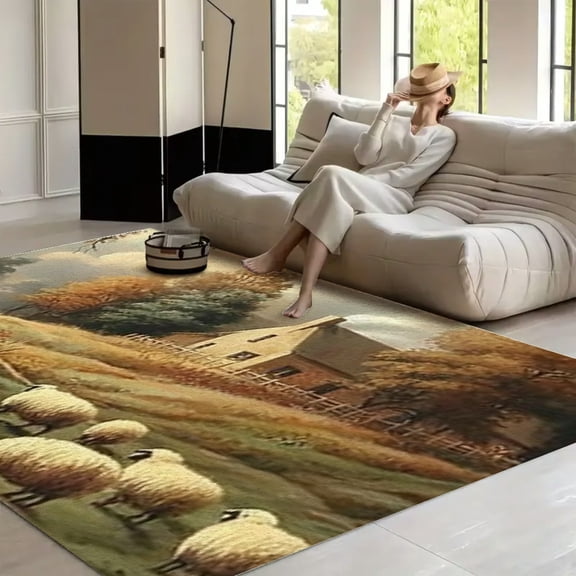 RKSupls River Cottage Sheep Pasture  Soft Fluffy Velvet Area Rug   for Living Room Bedroom, Non-Slip Washable Carpet, Modern Minimalist Home Decor Floor Mat