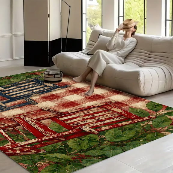 RKSupls Rocking Chairs Plaid Leaves Rustic  Soft Fluffy Velvet Area Rug   for Living Room Bedroom, Non-Slip Washable Carpet, Modern Minimalist Home Decor Floor Mat