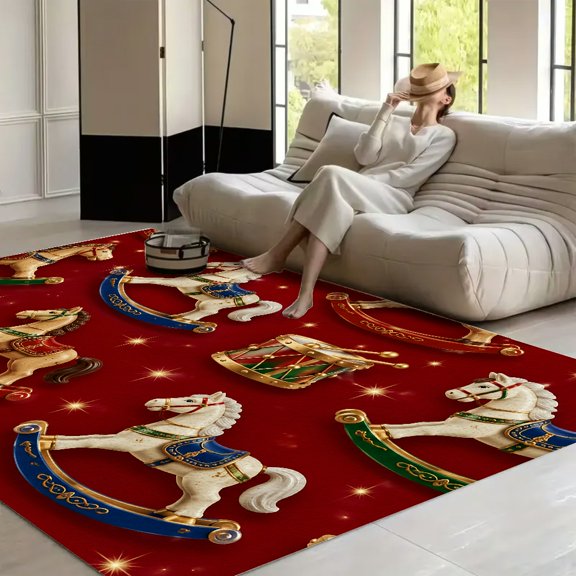 RKSupls Rocking Horse Drum Soft Fluffy Velvet Area Rug for Living Room Bedroom, Non-Slip Washable Carpet, Modern Minimalist Home Decor Floor Mat