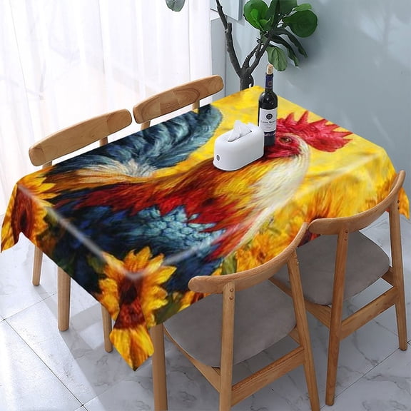 RKSupls Rooster Sunflowers Rectangle Dining Tablecloth, Washable Wipeable Stain & Wrinkle Resistant Polyester Tablecloth for Kitchen Picnic Party