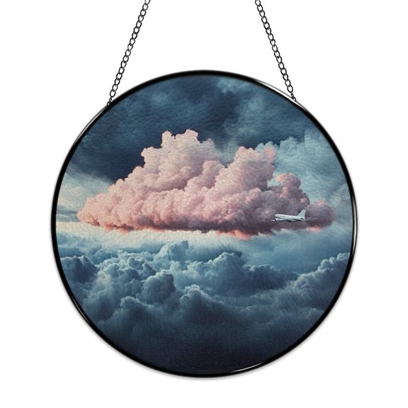 RKSupls Round Stained Glass Window Suncatcher, Airplane Pink Clouds Sky Ornament with Metal Hook & Chain, Solid Glass Indoor Wall Decor for Home Holiday