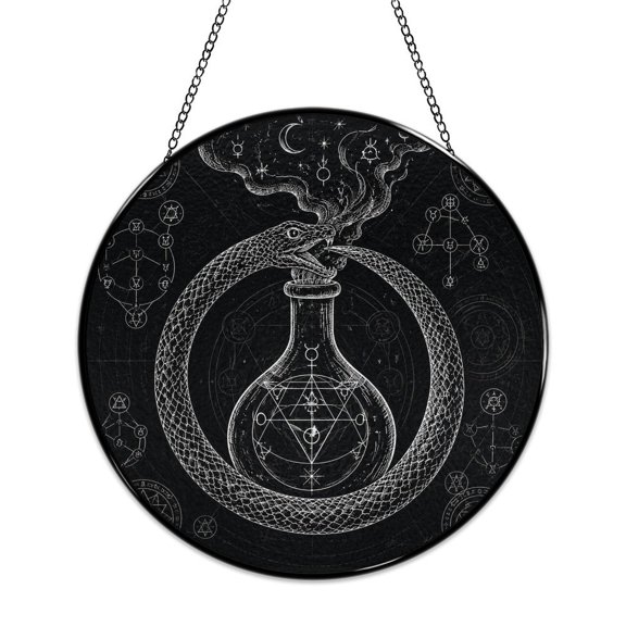 RKSupls Round Stained Glass Window Suncatcher, Alchemy Snake Flask Mystic Art Ornament with Metal Hook & Chain, Solid Glass Indoor Wall Decor for Home Holiday