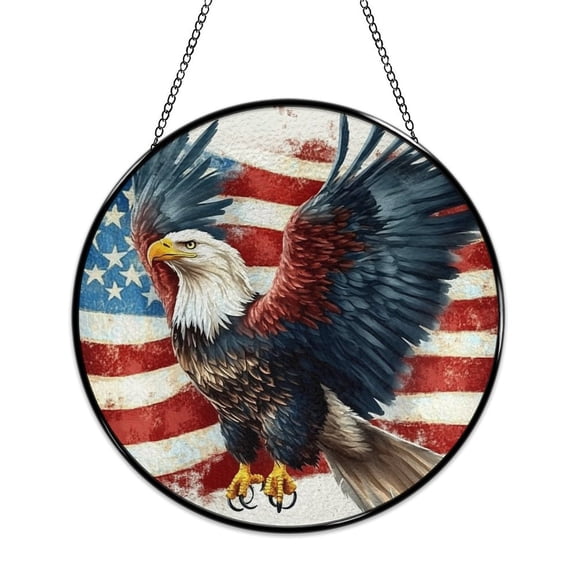 RKSupls Round Stained Glass Window Suncatcher, Bald Eagle Spread Wings Flag Ornament with Metal Hook & Chain, Solid Glass Indoor Wall Decor for Home Holiday