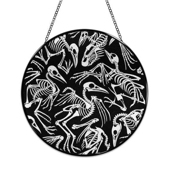 RKSupls Round Stained Glass Window Suncatcher, Bird Skeleton Pattern Ornament with Metal Hook & Chain, Solid Glass Indoor Wall Decor for Home Holiday