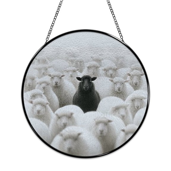 RKSupls Round Stained Glass Window Suncatcher, Black Sheep White Flock Ornament with Metal Hook & Chain, Solid Glass Indoor Wall Decor for Home Holiday