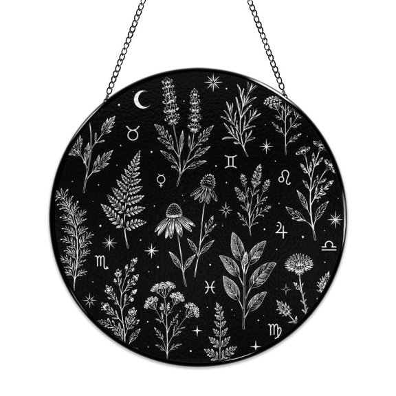 RKSupls Round Stained Glass Window Suncatcher, Botanical Zodiac Constellation Map Ornament with Metal Hook & Chain, Solid Glass Indoor Wall Decor for Home Holiday