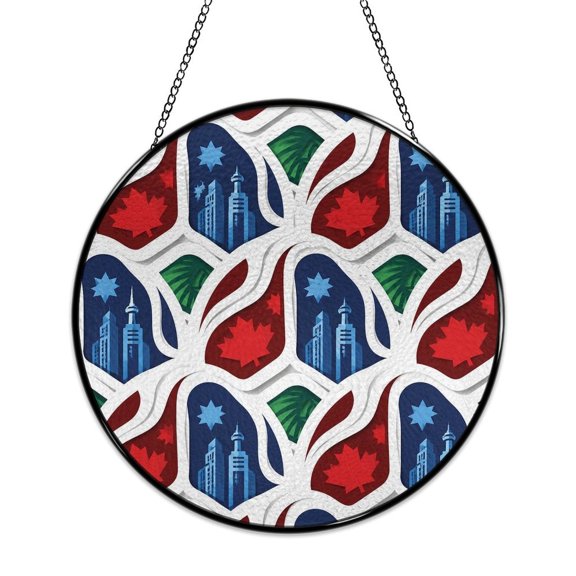 RKSupls Round Stained Glass Window Suncatcher, City Skyline Leaf Pattern Ornament with Metal Hook & Chain, Solid Glass Indoor Wall Decor for Home Holiday