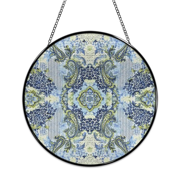 RKSupls Round Stained Glass Window Suncatcher, Classic Paisley Damask Blue Pattern Ornament with Metal Hook & Chain, Solid Glass Indoor Wall Decor for Home Holiday