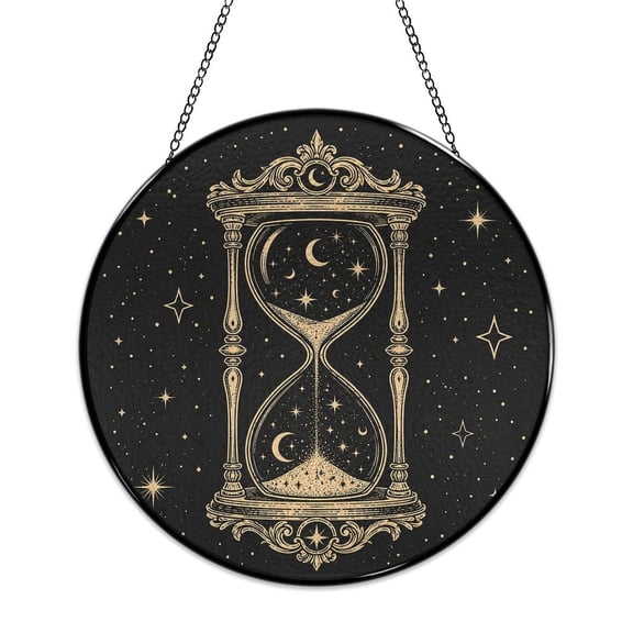 RKSupls Round Stained Glass Window Suncatcher, Cosmic Hourglass Ornament with Metal Hook & Chain, Solid Glass Indoor Wall Decor for Home Holiday