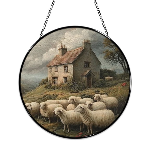RKSupls Round Stained Glass Window Suncatcher, Country Cottage Sheep Farm Ornament with Metal Hook & Chain, Solid Glass Indoor Wall Decor for Home Holiday