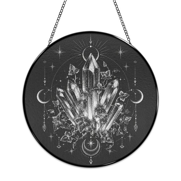 RKSupls Round Stained Glass Window Suncatcher, Crystal Cluster Moon Ornament with Metal Hook & Chain, Solid Glass Indoor Wall Decor for Home Holiday