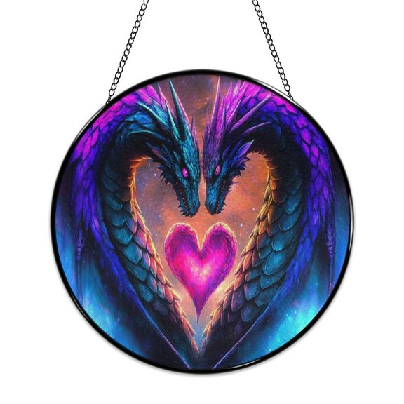 RKSupls Round Stained Glass Window Suncatcher, Dragons Heart Fantasy Space Ornament with Metal Hook & Chain, Solid Glass Indoor Wall Decor for Home Holiday