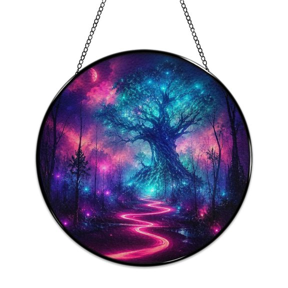 RKSupls Round Stained Glass Window Suncatcher, Dreamy Pink Stream Forest Path Ornament with Metal Hook & Chain, Solid Glass Indoor Wall Decor for Home Holiday