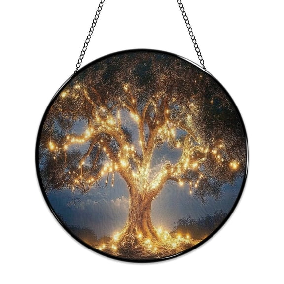 RKSupls Round Stained Glass Window Suncatcher, Fairy Light Tree Night Ornament with Metal Hook & Chain, Solid Glass Indoor Wall Decor for Home Holiday