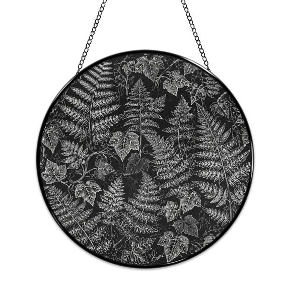 RKSupls Round Stained Glass Window Suncatcher, Fern Ivy Leaves Botanical Pattern Ornament with Metal Hook & Chain, Solid Glass Indoor Wall Decor for Home Holiday
