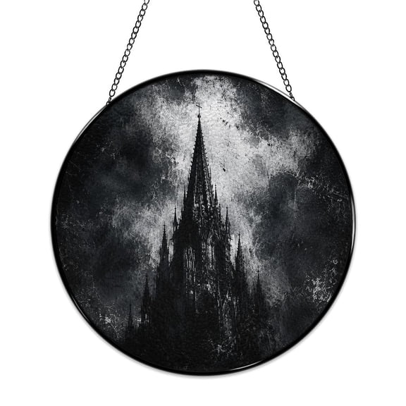 RKSupls Round Stained Glass Window Suncatcher, Gothic Cathedral Dark Ornament with Metal Hook & Chain, Solid Glass Indoor Wall Decor for Home Holiday