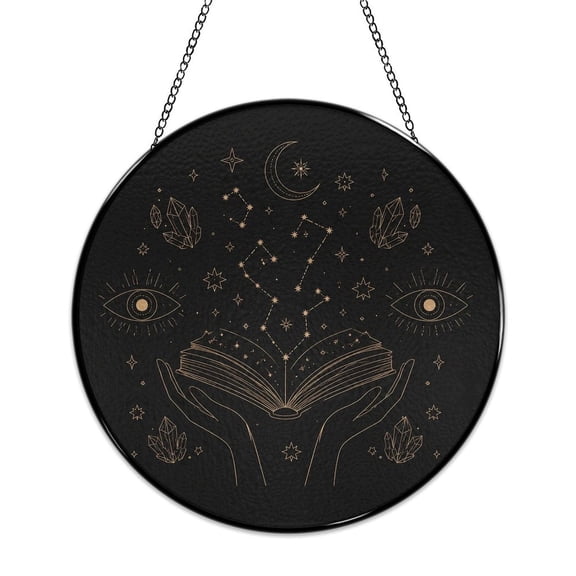 RKSupls Round Stained Glass Window Suncatcher, Mystic Open Book Stars Eyes Crystal Ornament with Metal Hook & Chain, Solid Glass Indoor Wall Decor for Home Holiday