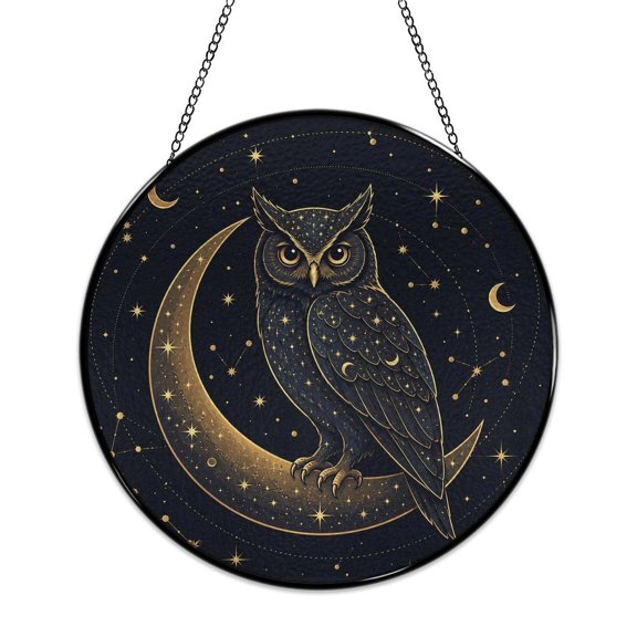 RKSupls Round Stained Glass Window Suncatcher, Owl Moon Night Watch Ornament with Metal Hook & Chain, Solid Glass Indoor Wall Decor for Home Holiday