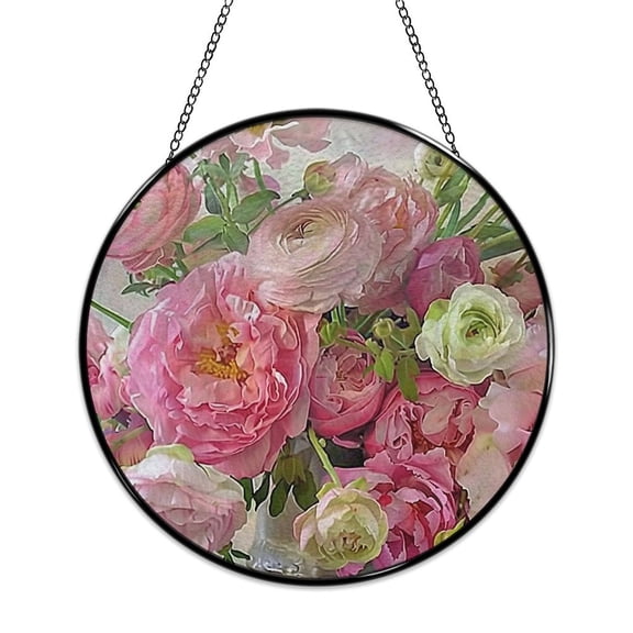 RKSupls Round Stained Glass Window Suncatcher, Pink Bouquet Ornament with Metal Hook & Chain, Solid Glass Indoor Wall Decor for Home Holiday