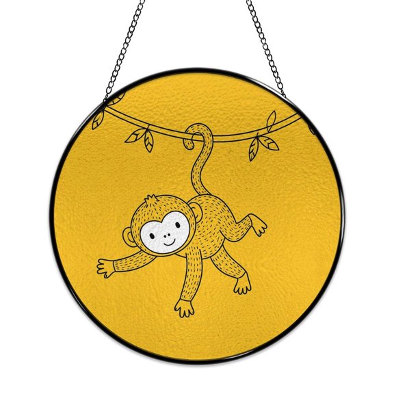 RKSupls Round Stained Glass Window Suncatcher, Playful Monkey Hanging Vine Ornament with Metal Hook & Chain, Solid Glass Indoor Wall Decor for Home Holiday