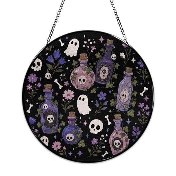 RKSupls Round Stained Glass Window Suncatcher, Potion Bottles Ghosts Pattern Ornament with Metal Hook & Chain, Solid Glass Indoor Wall Decor for Home Holiday