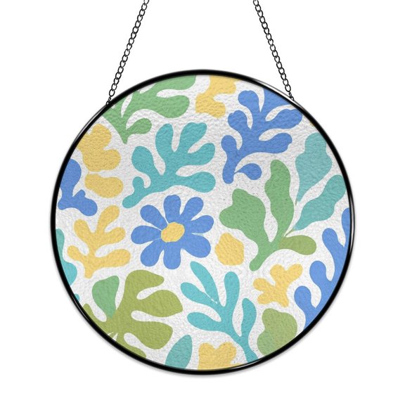 RKSupls Round Stained Glass Window Suncatcher, Rainbow Blob Seamless Pattern Ornament with Metal Hook & Chain, Solid Glass Indoor Wall Decor for Home Holiday
