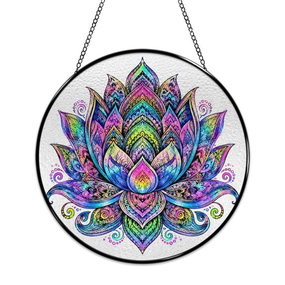 RKSupls Round Stained Glass Window Suncatcher, Rainbow Mandala Flower Ornament with Metal Hook & Chain, Solid Glass Indoor Wall Decor for Home Holiday