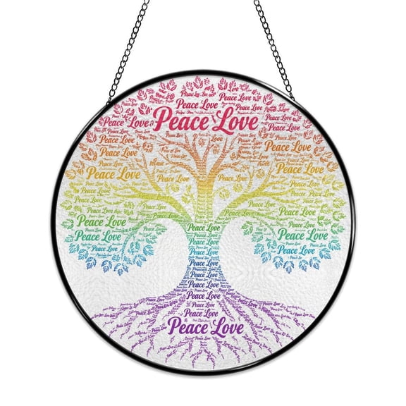 RKSupls Round Stained Glass Window Suncatcher, Rainbow Tree Peace Word Cloud Ornament with Metal Hook & Chain, Solid Glass Indoor Wall Decor for Home Holiday