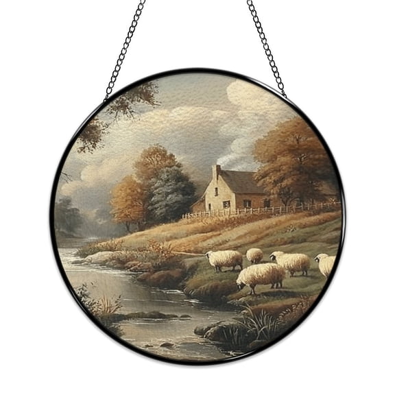 RKSupls Round Stained Glass Window Suncatcher, River Cottage Sheep Pasture Ornament with Metal Hook & Chain, Solid Glass Indoor Wall Decor for Home Holiday