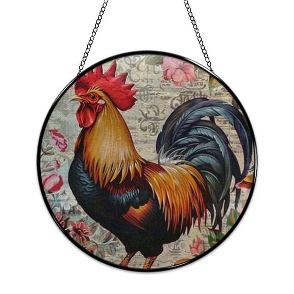 RKSupls Round Stained Glass Window Suncatcher, Rooster Flowers Ornament with Metal Hook & Chain, Solid Glass Indoor Wall Decor for Home Holiday