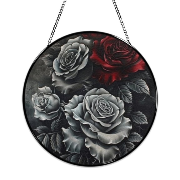 RKSupls Round Stained Glass Window Suncatcher, Roses Gothic Art Ornament with Metal Hook & Chain, Solid Glass Indoor Wall Decor for Home Holiday