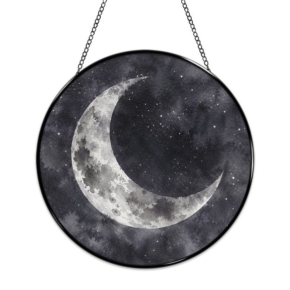 RKSupls Round Stained Glass Window Suncatcher, Silver Moon With Stars Ornament with Metal Hook & Chain, Solid Glass Indoor Wall Decor for Home Holiday