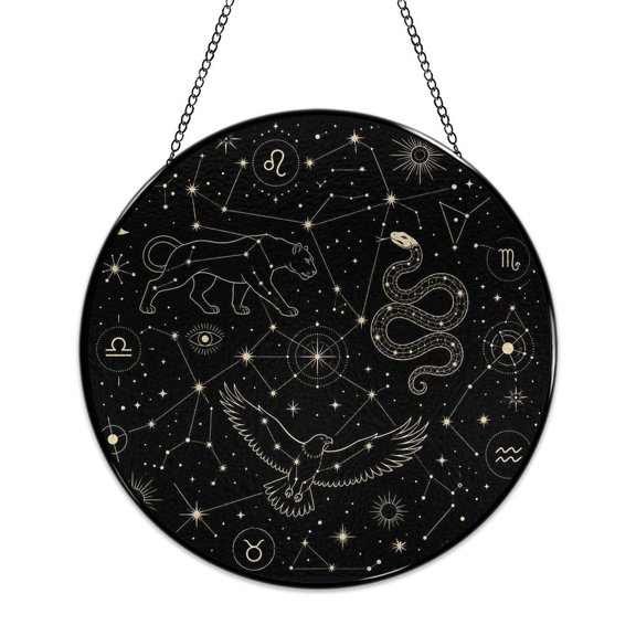 RKSupls Round Stained Glass Window Suncatcher, Snake Leopard Eagle Constellation Ornament with Metal Hook & Chain, Solid Glass Indoor Wall Decor for Home Holiday