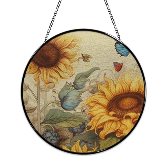 RKSupls Round Stained Glass Window Suncatcher, Sunflower Butterfly Colorful Ornament with Metal Hook & Chain, Solid Glass Indoor Wall Decor for Home Holiday