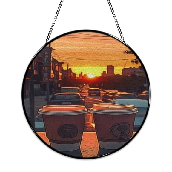 RKSupls Round Stained Glass Window Suncatcher, Sunset Coffee Cups Street Ornament with Metal Hook & Chain, Solid Glass Indoor Wall Decor for Home Holiday