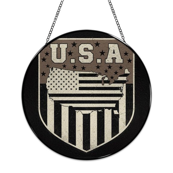 RKSupls Round Stained Glass Window Suncatcher, USA Shield Map Flag Ornament with Metal Hook & Chain, Solid Glass Indoor Wall Decor for Home Holiday